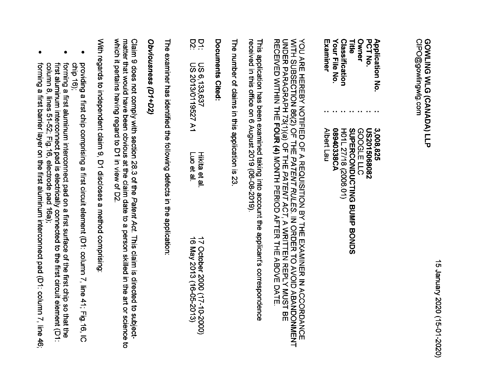 Canadian Patent Document 3008825. Examiner Requisition 20200115. Image 1 of 6