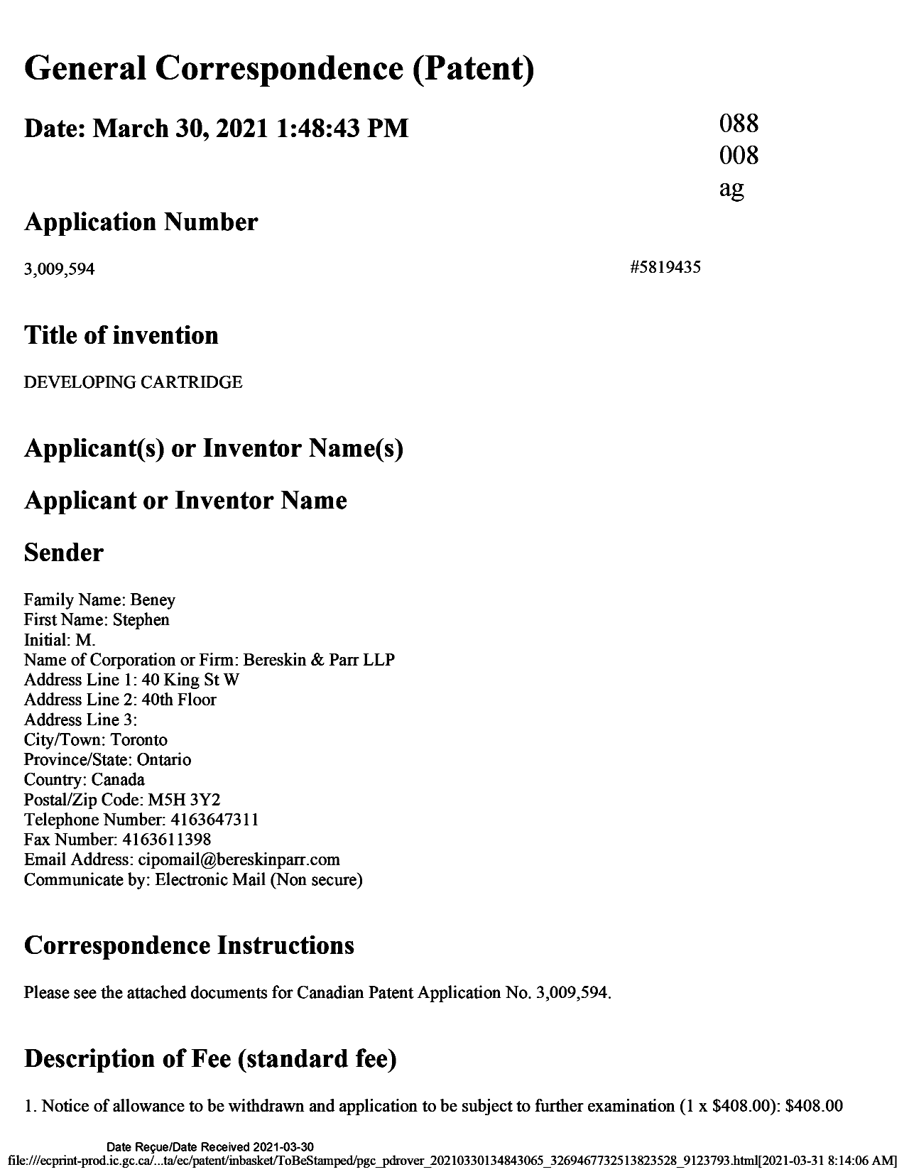 Document de brevet canadien 3009594. Retrait d'acceptation 20210330. Image 1 de 51
