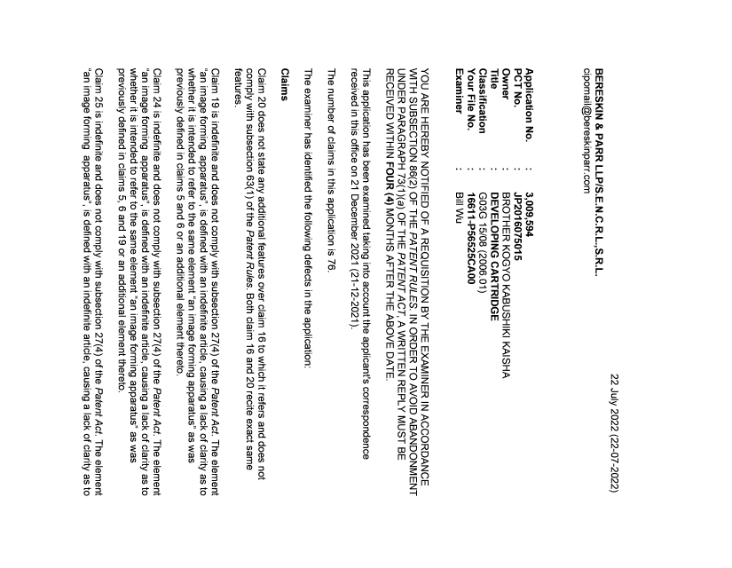Document de brevet canadien 3009594. Demande d'examen 20220722. Image 1 de 3