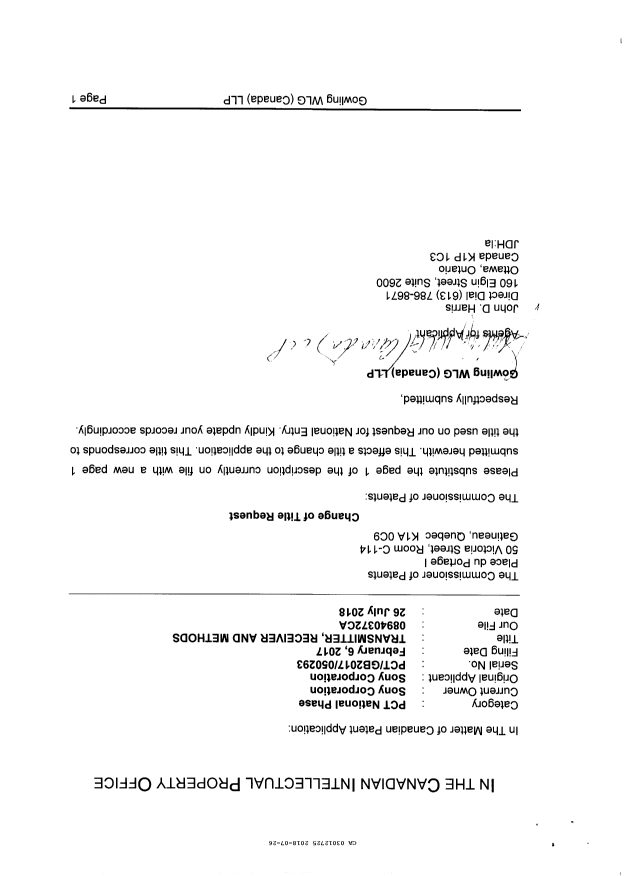 Canadian Patent Document 3012725. Prosecution/Amendment 20180726. Image 1 of 2