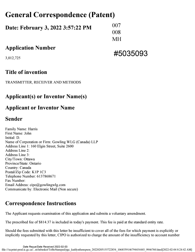 Document de brevet canadien 3012725. Requête d'examen 20220203. Image 1 de 25