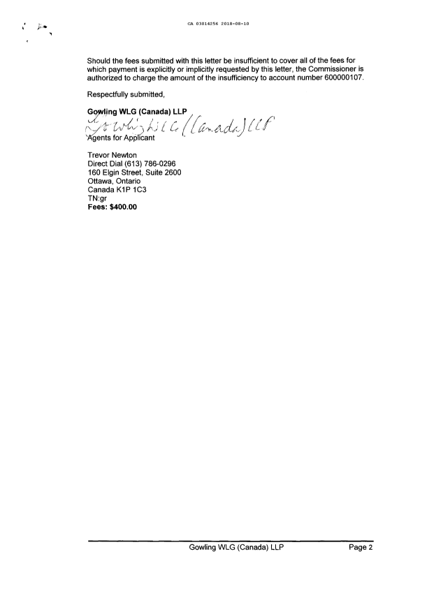 Document de brevet canadien 3014256. Demande d'entrée en phase nationale 20180810. Image 2 de 4