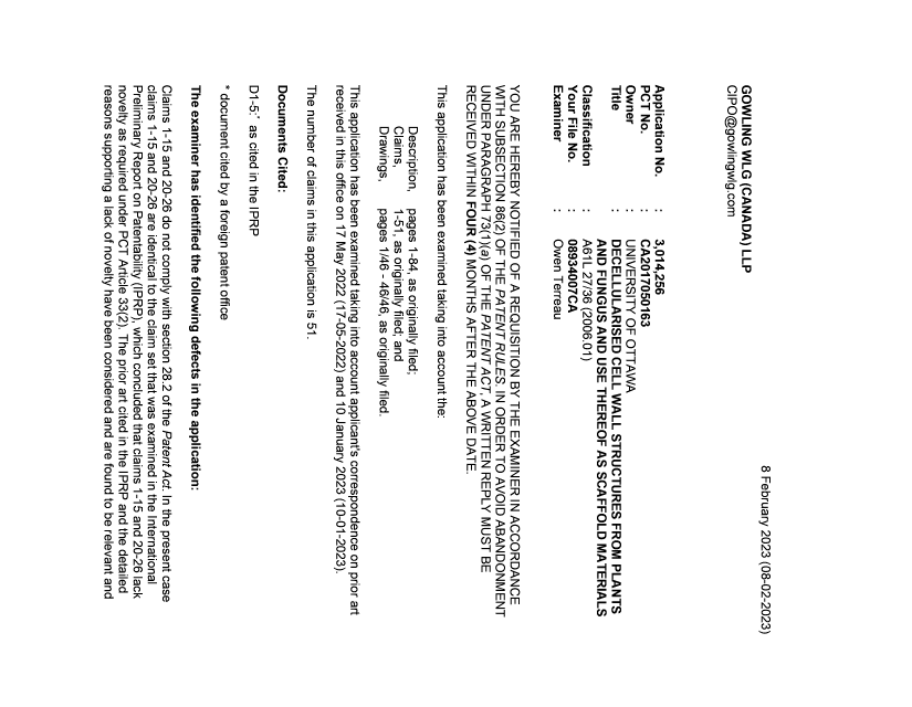 Document de brevet canadien 3014256. Demande d'examen 20230208. Image 1 de 5