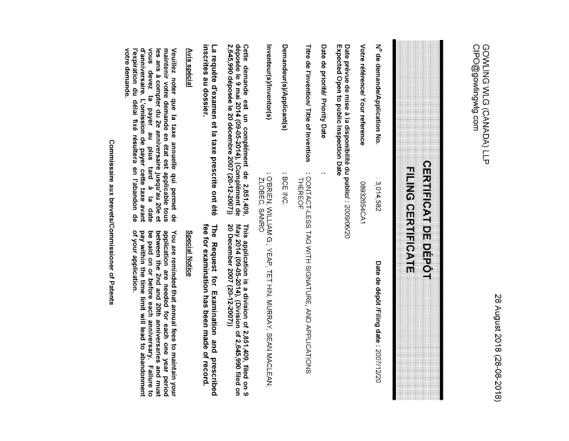 Document de brevet canadien 3014582. Complémentaire - Certificat de dépôt 20180828. Image 1 de 1