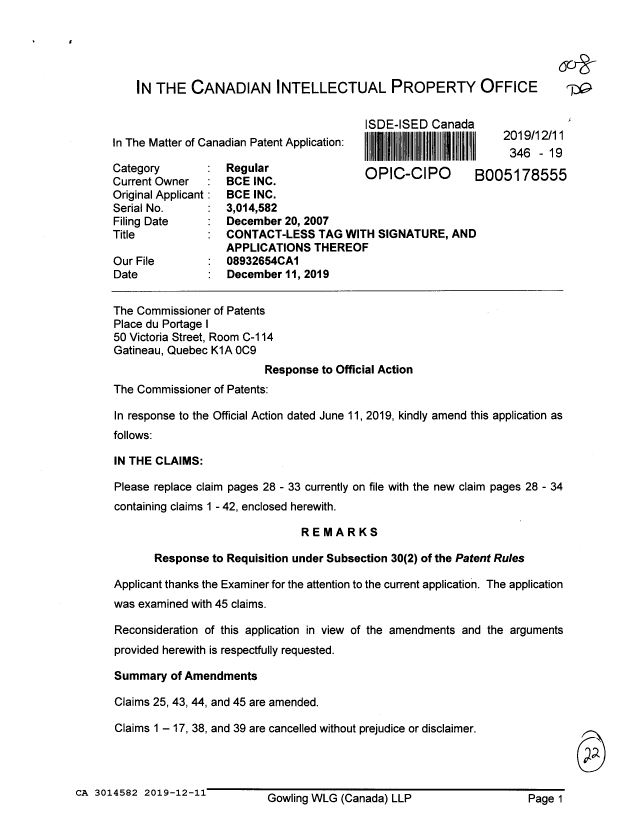 Document de brevet canadien 3014582. Modification 20191211. Image 1 de 22