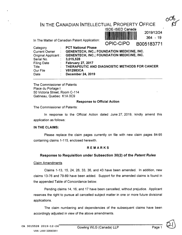 Document de brevet canadien 3015528. Modification 20191224. Image 1 de 21