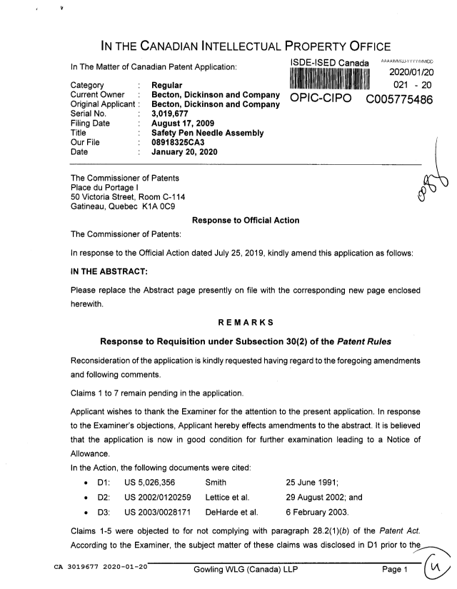 Canadian Patent Document 3019677. Amendment 20200120. Image 1 of 4