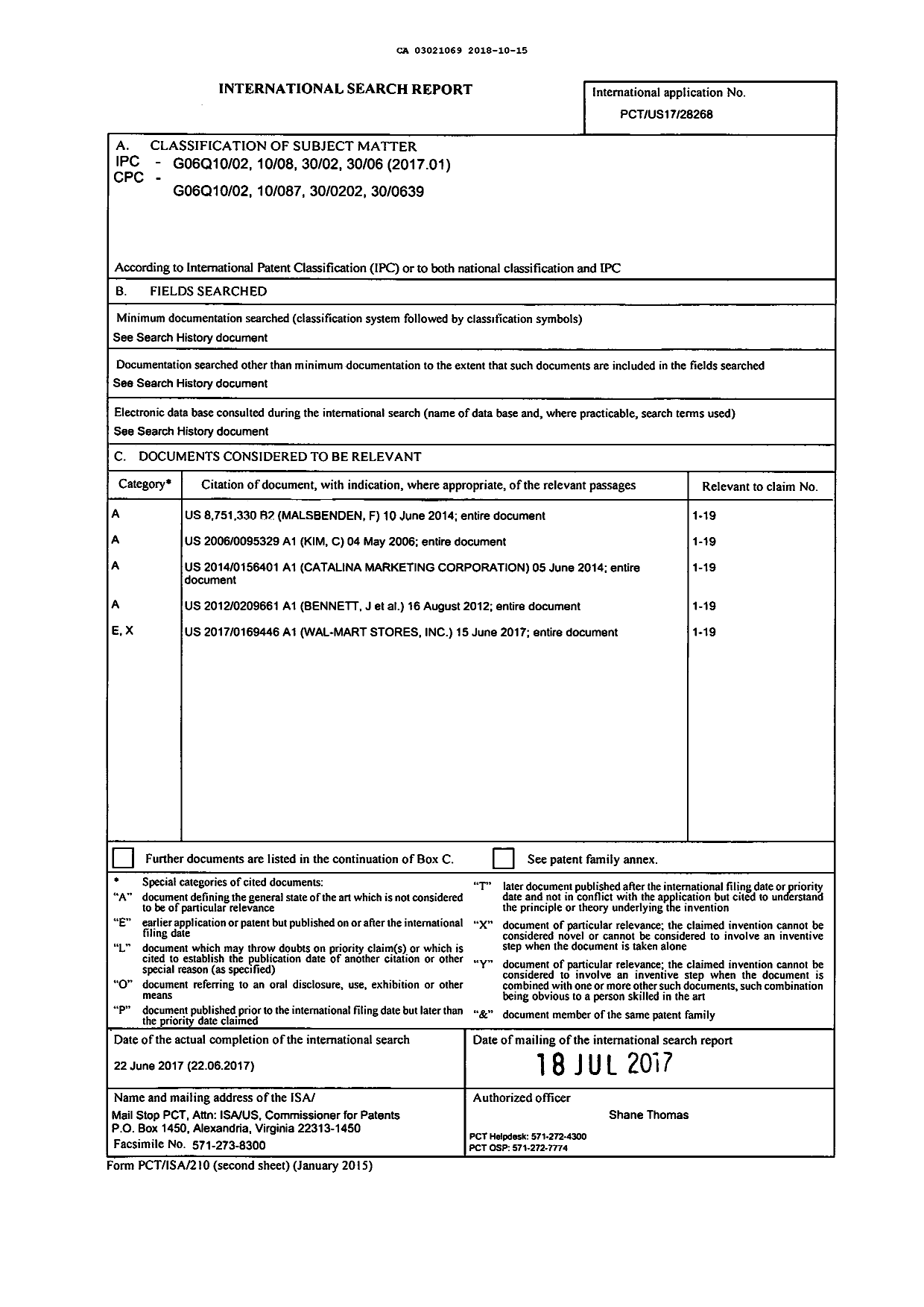 Document de brevet canadien 3021069. Rapport de recherche internationale 20181015. Image 1 de 1