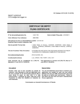 Document de brevet canadien 3021739. Complémentaire - Certificat de dépôt 20181030. Image 1 de 1
