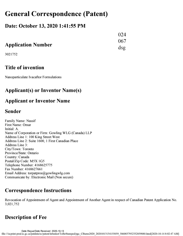 Document de brevet canadien 3021752. Changement de nomination d'agent 20201013. Image 1 de 7