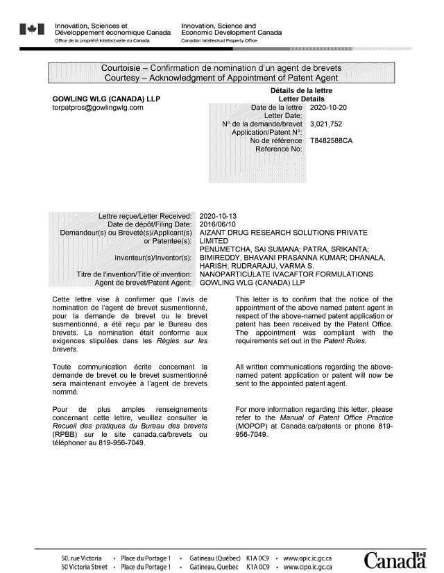 Document de brevet canadien 3021752. Lettre du bureau 20201020. Image 1 de 1