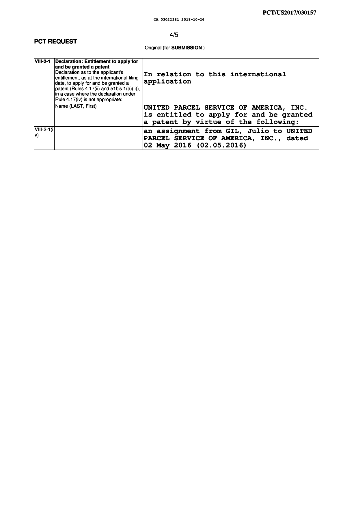 Document de brevet canadien 3022381. Déclaration 20181026. Image 1 de 1