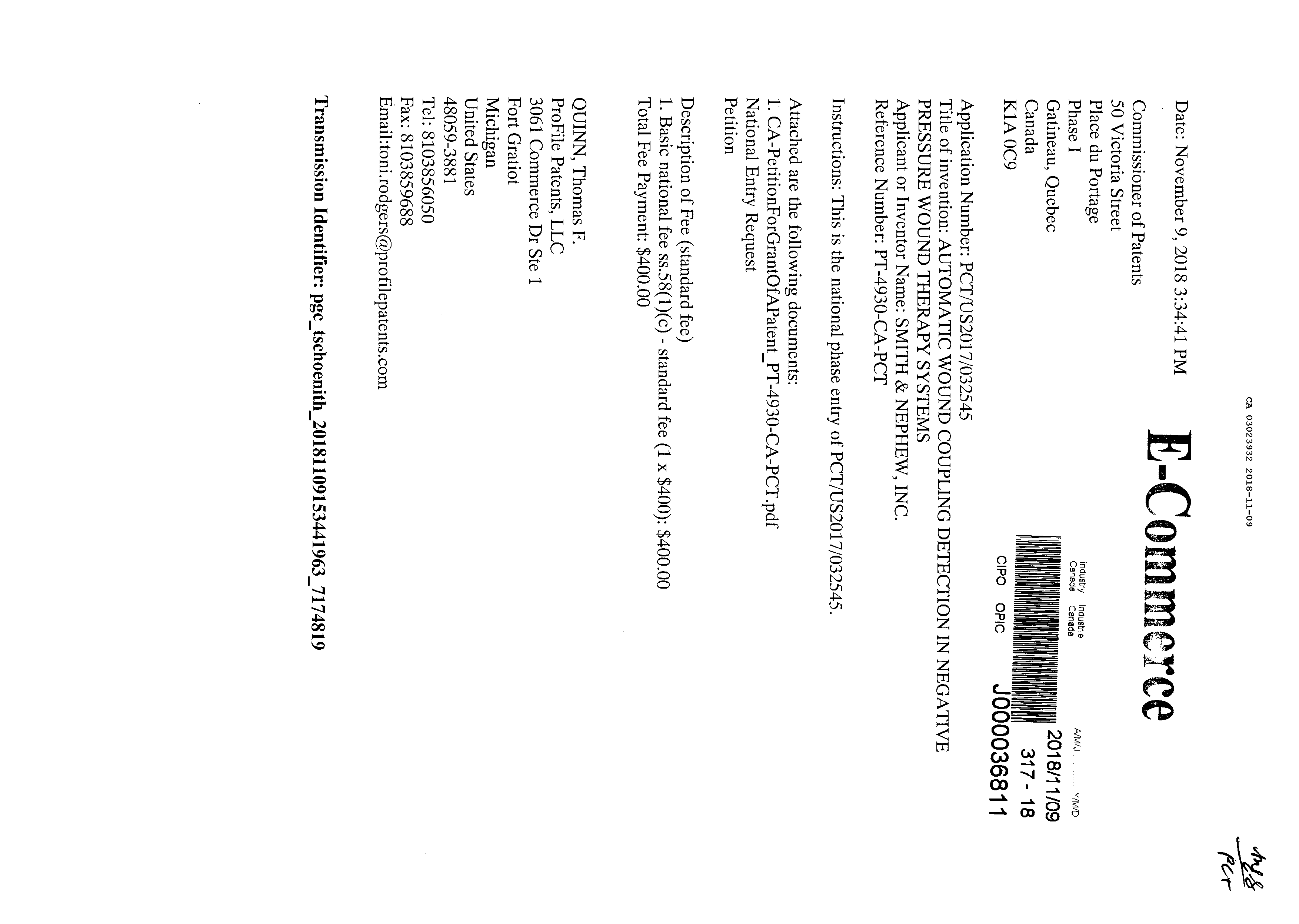 Canadian Patent Document 3023932. National Entry Request 20181109. Image 1 of 2