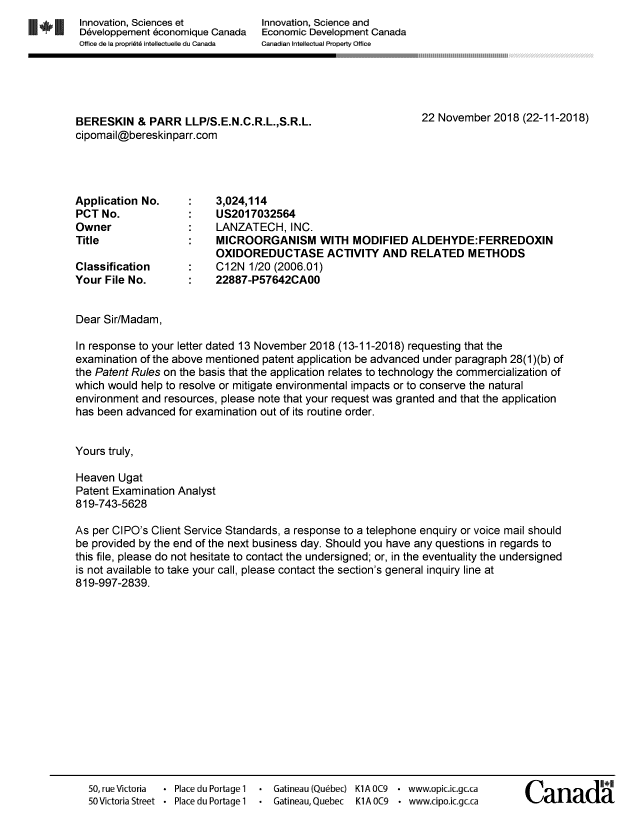 Document de brevet canadien 3024114. Ordonnance spéciale - Verte acceptée 20181122. Image 1 de 1