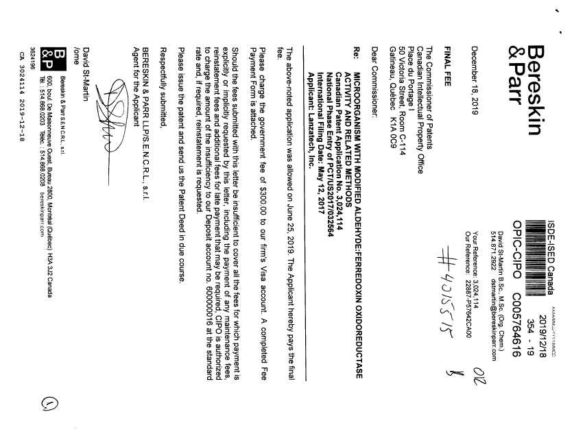 Canadian Patent Document 3024114. Final Fee 20191218. Image 1 of 1