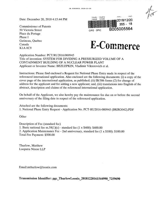 Document de brevet canadien 3028931. Demande d'entrée en phase nationale 20181220. Image 1 de 4