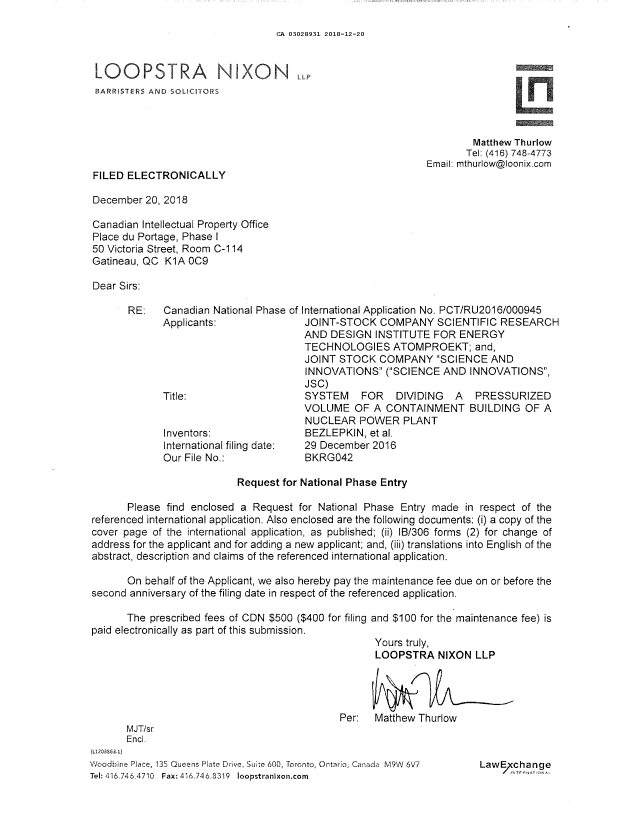 Document de brevet canadien 3028931. Demande d'entrée en phase nationale 20181220. Image 2 de 4