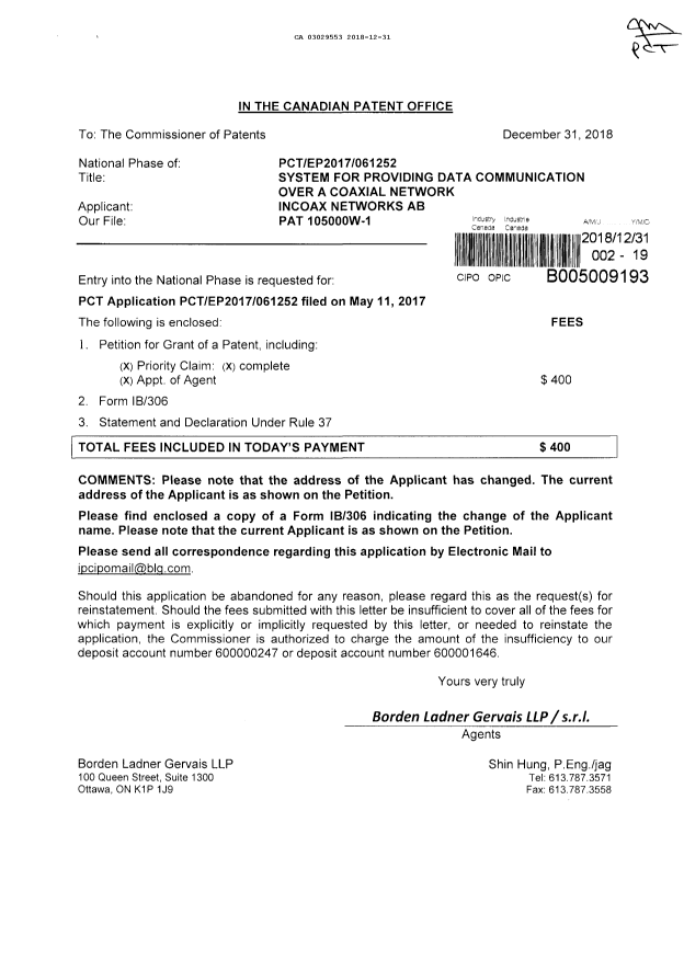 Document de brevet canadien 3029553. Demande d'entrée en phase nationale 20181231. Image 1 de 3