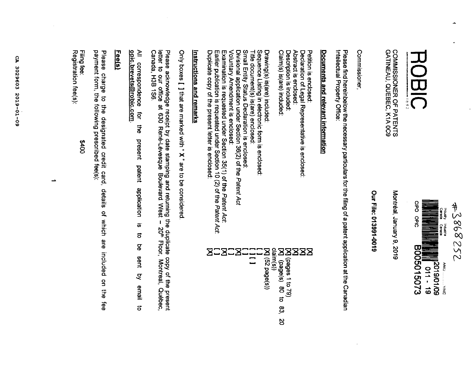 Document de brevet canadien 3029603. Nouvelle demande 20190109. Image 1 de 6