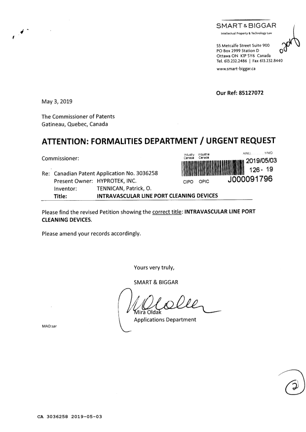 Document de brevet canadien 3036258. Correspondance reliée aux formalités 20190503. Image 1 de 2