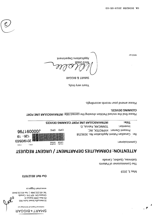 Canadian Patent Document 3036258. Correspondence Related to Formalities 20190503. Image 1 of 2