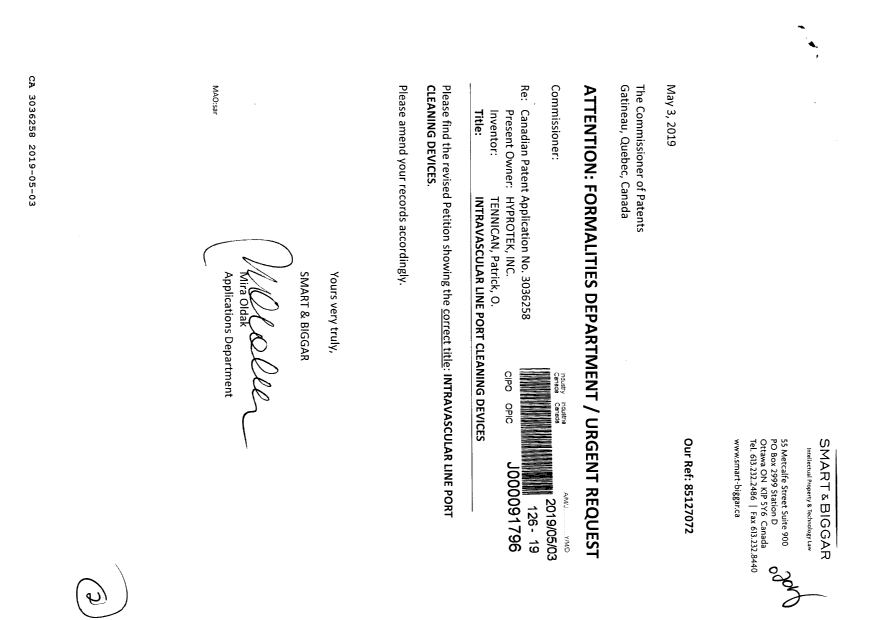 Document de brevet canadien 3036258. Correspondance reliée aux formalités 20190503. Image 1 de 2