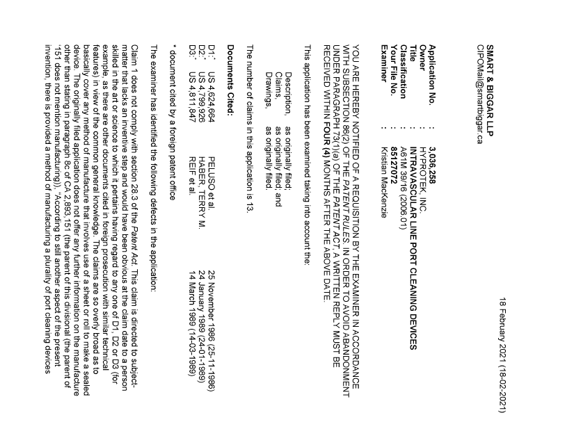 Document de brevet canadien 3036258. Demande d'examen 20210218. Image 1 de 5