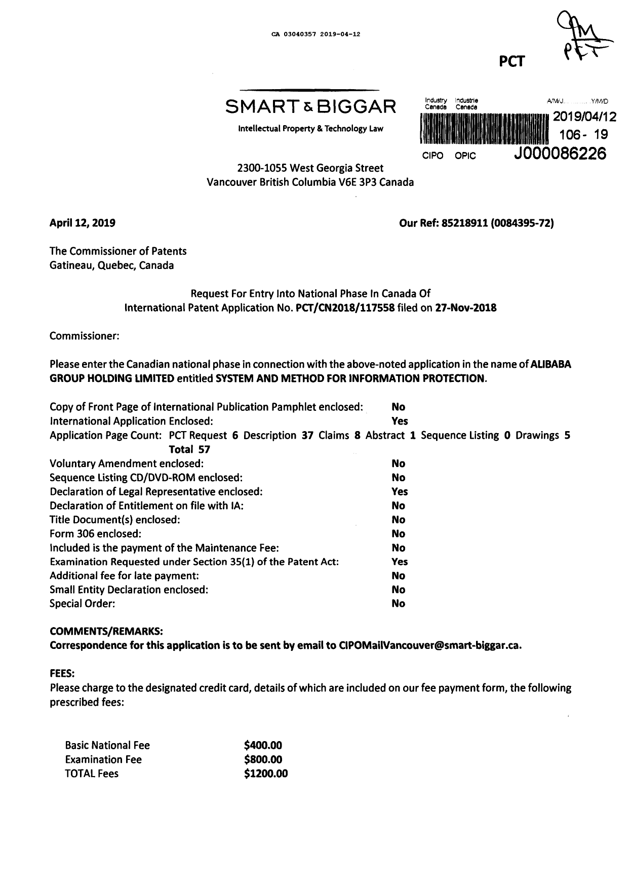 Document de brevet canadien 3040357. Demande d'entrée en phase nationale 20190412. Image 1 de 3