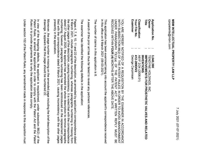Document de brevet canadien 3040390. Demande d'examen 20210706. Image 1 de 3