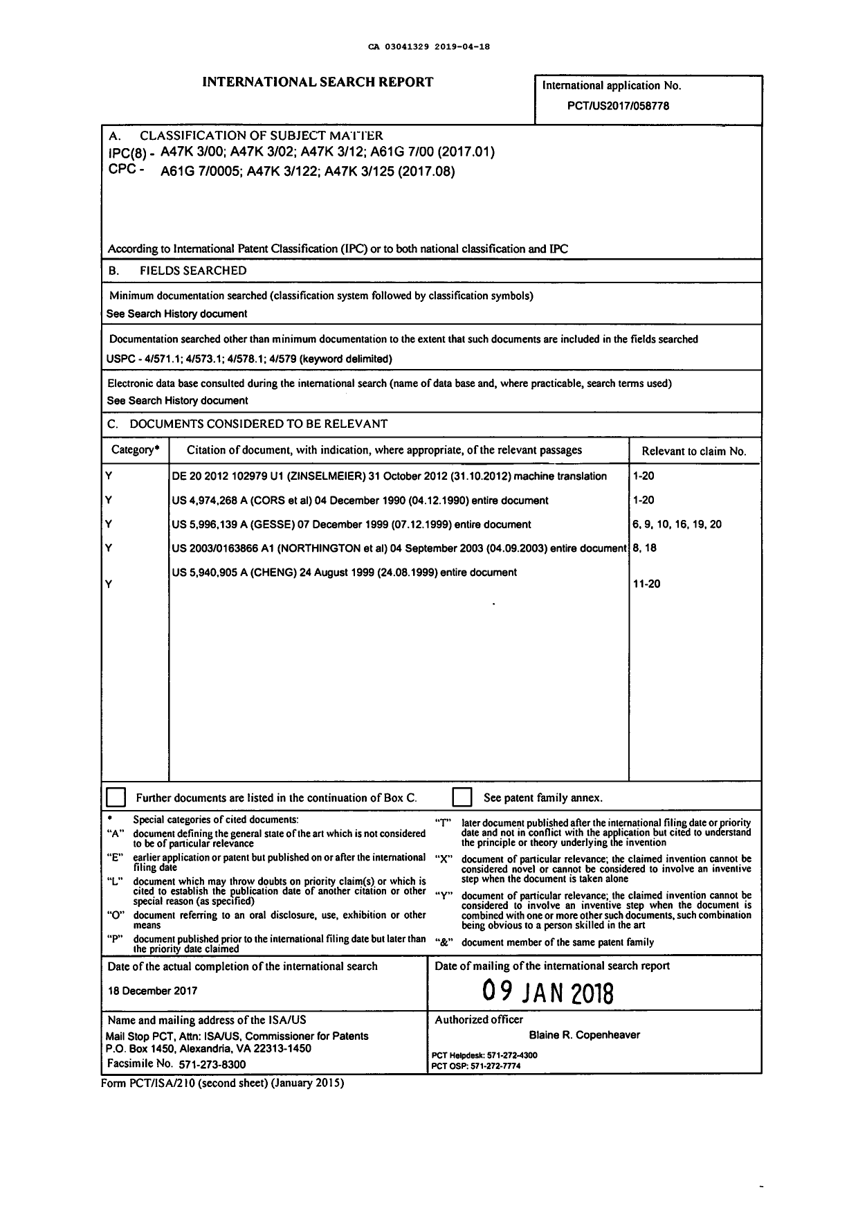 Document de brevet canadien 3041329. Rapport de recherche internationale 20190418. Image 1 de 1