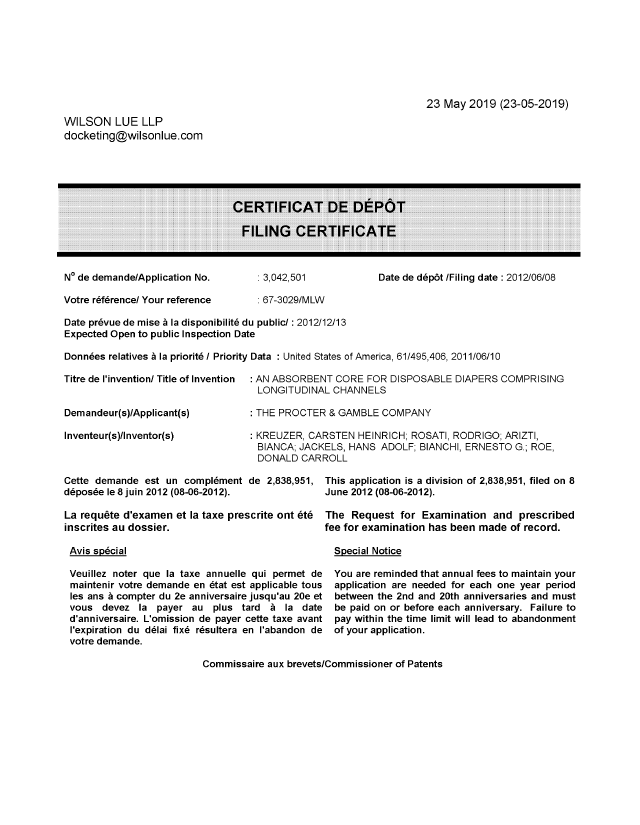 Canadian Patent Document 3042501. Divisional - Filing Certificate 20190523. Image 1 of 1