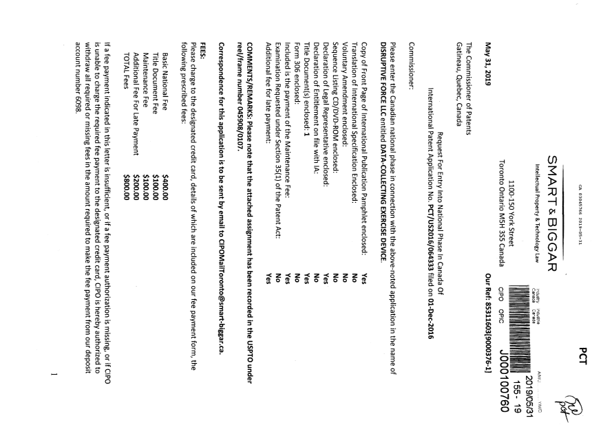Document de brevet canadien 3045766. Demande d'entrée en phase nationale 20190531. Image 1 de 7