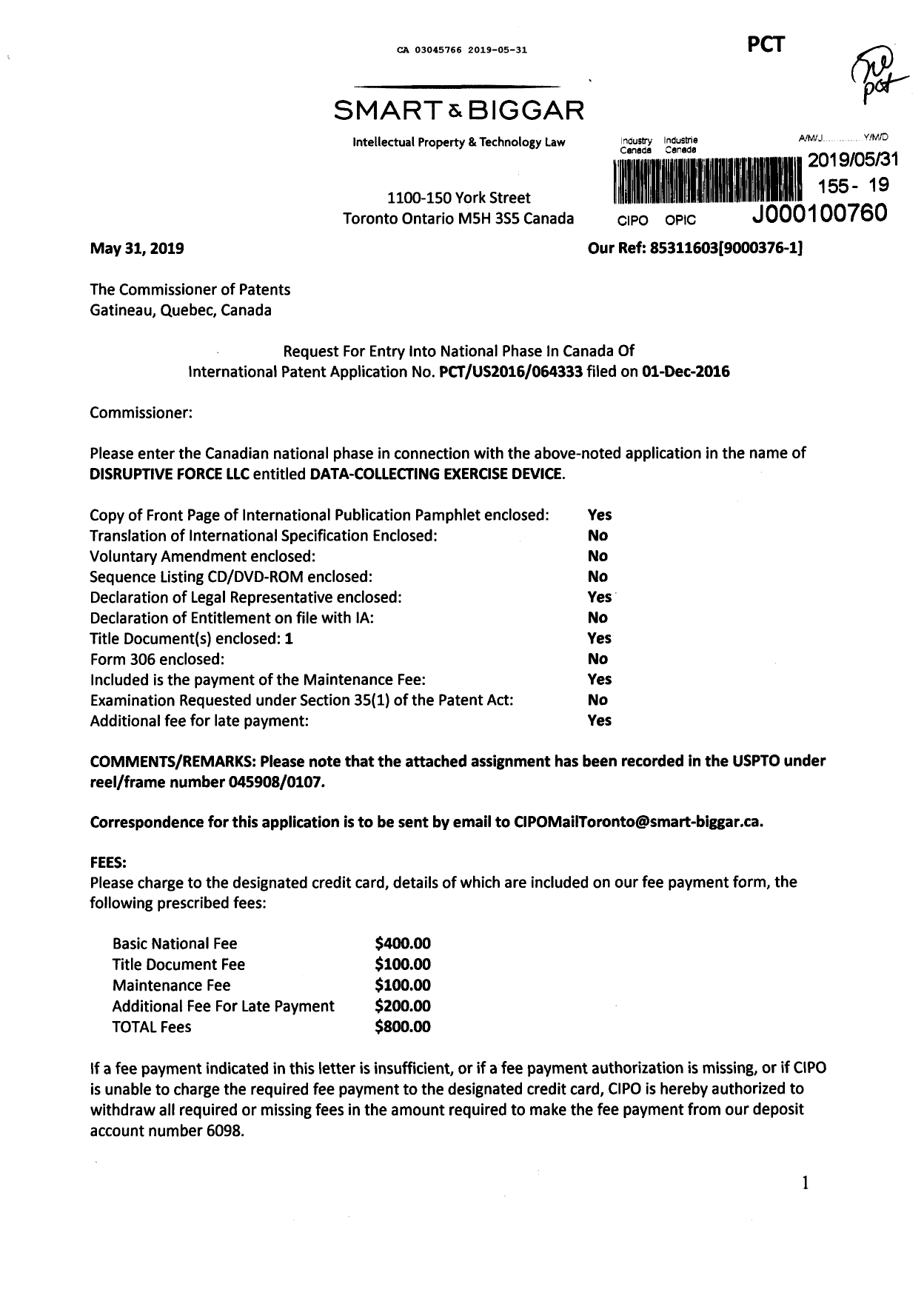 Document de brevet canadien 3045766. Demande d'entrée en phase nationale 20190531. Image 1 de 7
