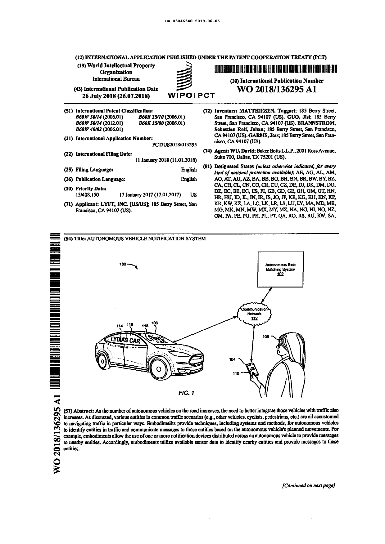 Canadian Patent Document 3046340. Patent Cooperation Treaty (PCT) 20190606. Image 1 of 13
