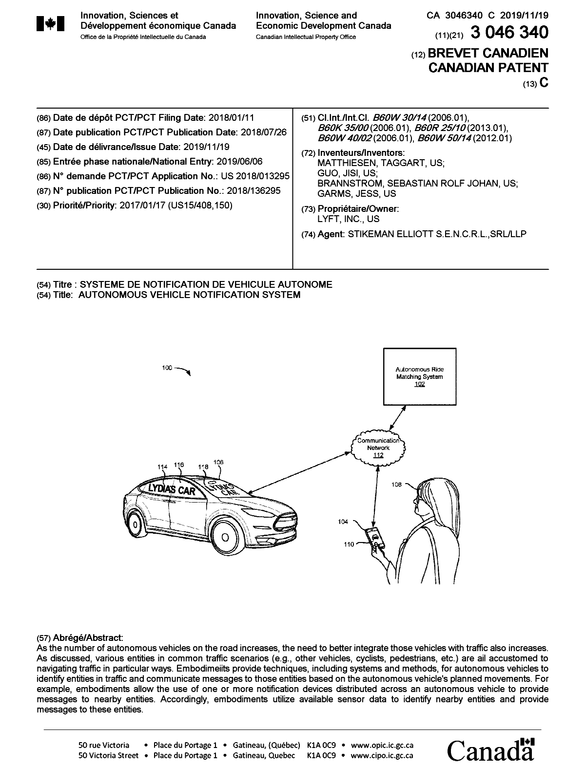 Canadian Patent Document 3046340. Cover Page 20191023. Image 1 of 1
