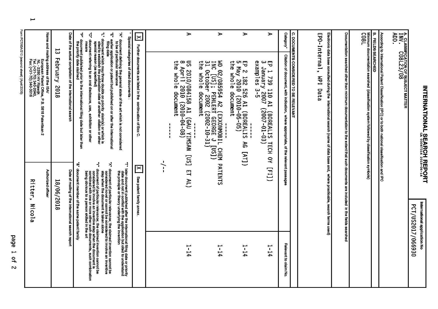 Canadian Patent Document 3047314. International Search Report 20190614. Image 1 of 3