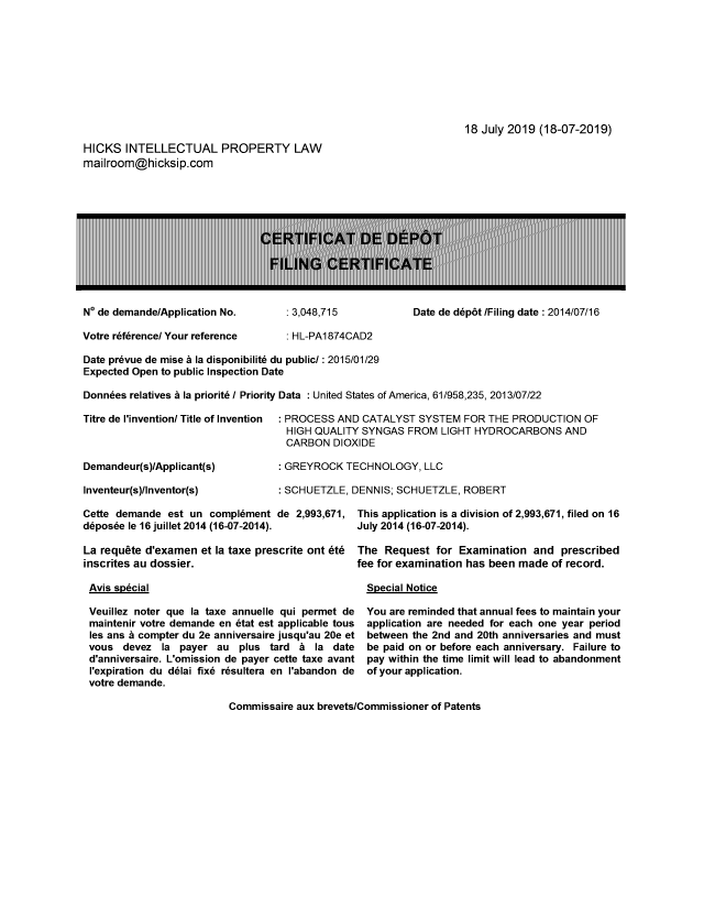 Canadian Patent Document 3048715. Divisional - Filing Certificate 20190718. Image 1 of 1