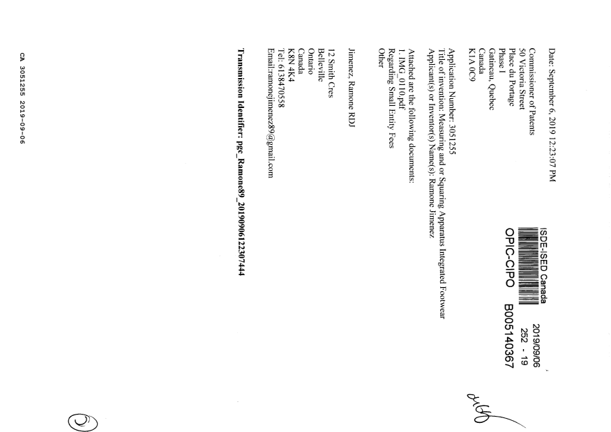 Canadian Patent Document 3051255. Small Entity Declaration 20190906. Image 1 of 2