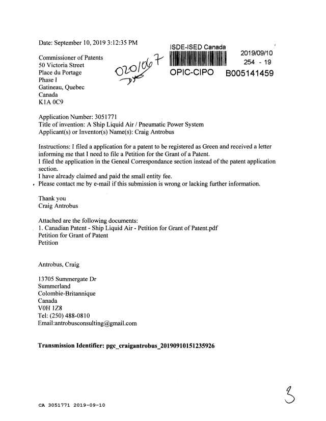 Document de brevet canadien 3051771. Correspondance reliée aux formalités 20190910. Image 1 de 3