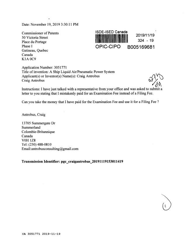 Document de brevet canadien 3051771. Correspondance reliée aux formalités 20191119. Image 1 de 1