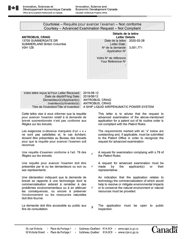 Document de brevet canadien 3051771. Ordonnance spéciale - Verte refusée 20200228. Image 1 de 2
