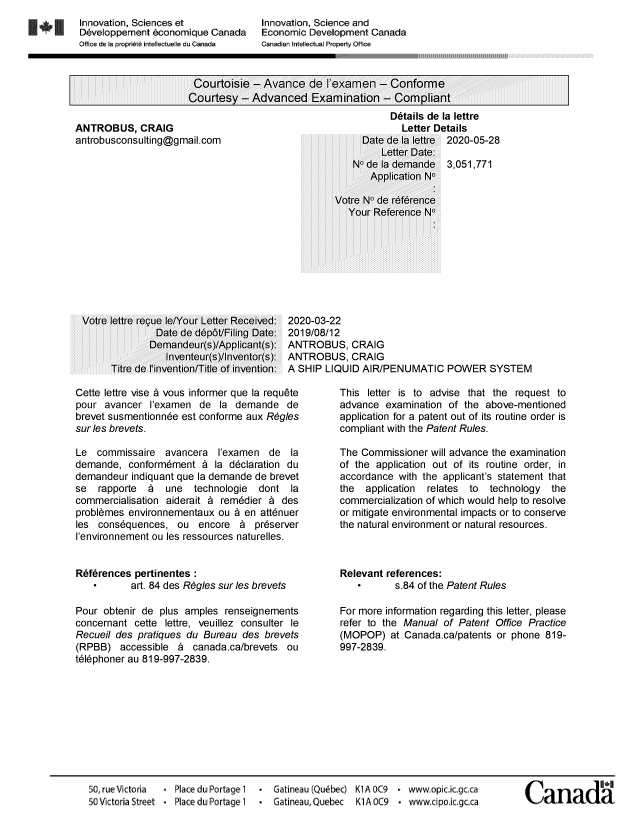 Document de brevet canadien 3051771. Ordonnance spéciale - Verte acceptée 20200528. Image 1 de 1