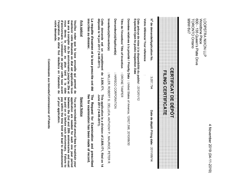 Document de brevet canadien 3057794. Complémentaire - Certificat de dépôt 20191104. Image 1 de 1