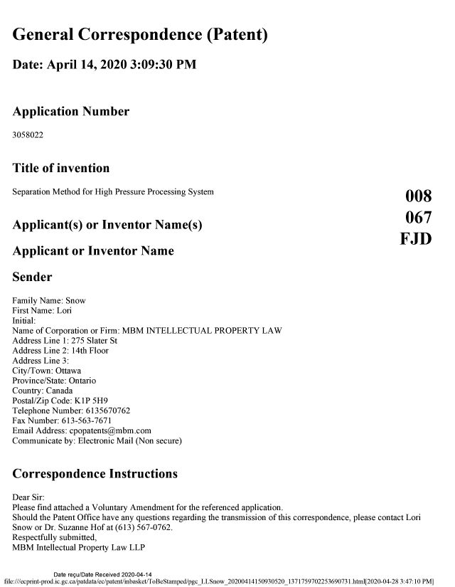 Document de brevet canadien 3058022. Modification 20200414. Image 1 de 6