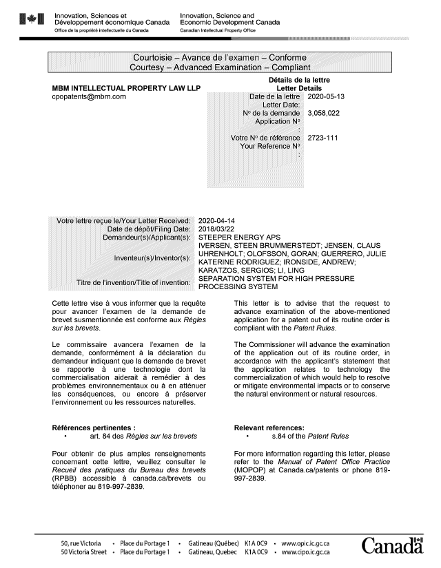 Document de brevet canadien 3058022. Ordonnance spéciale - Verte acceptée 20200513. Image 1 de 2