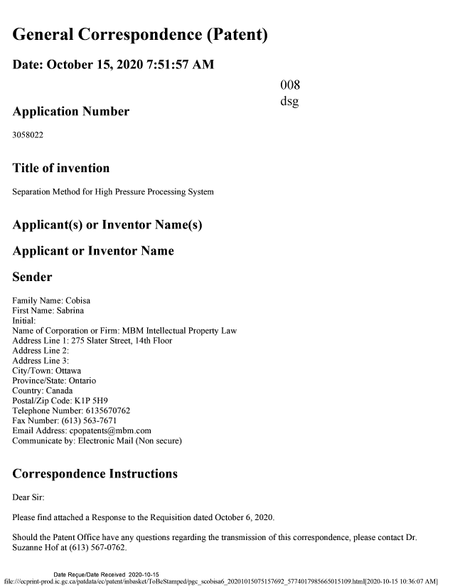 Document de brevet canadien 3058022. Modification 20201015. Image 1 de 16