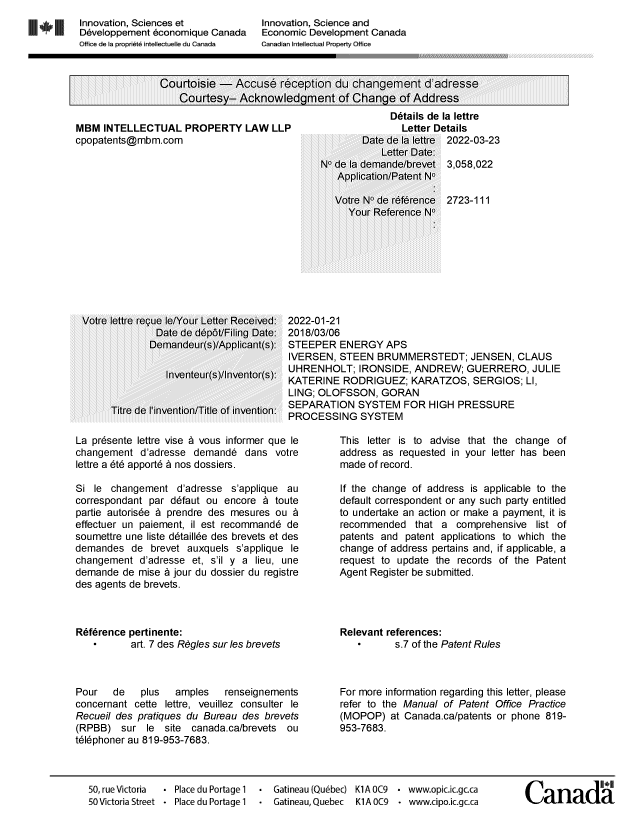 Document de brevet canadien 3058022. Lettre du bureau 20220323. Image 1 de 2
