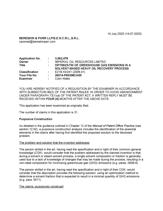 Document de brevet canadien 3062478. Demande d'examen 20200714. Image 1 de 4