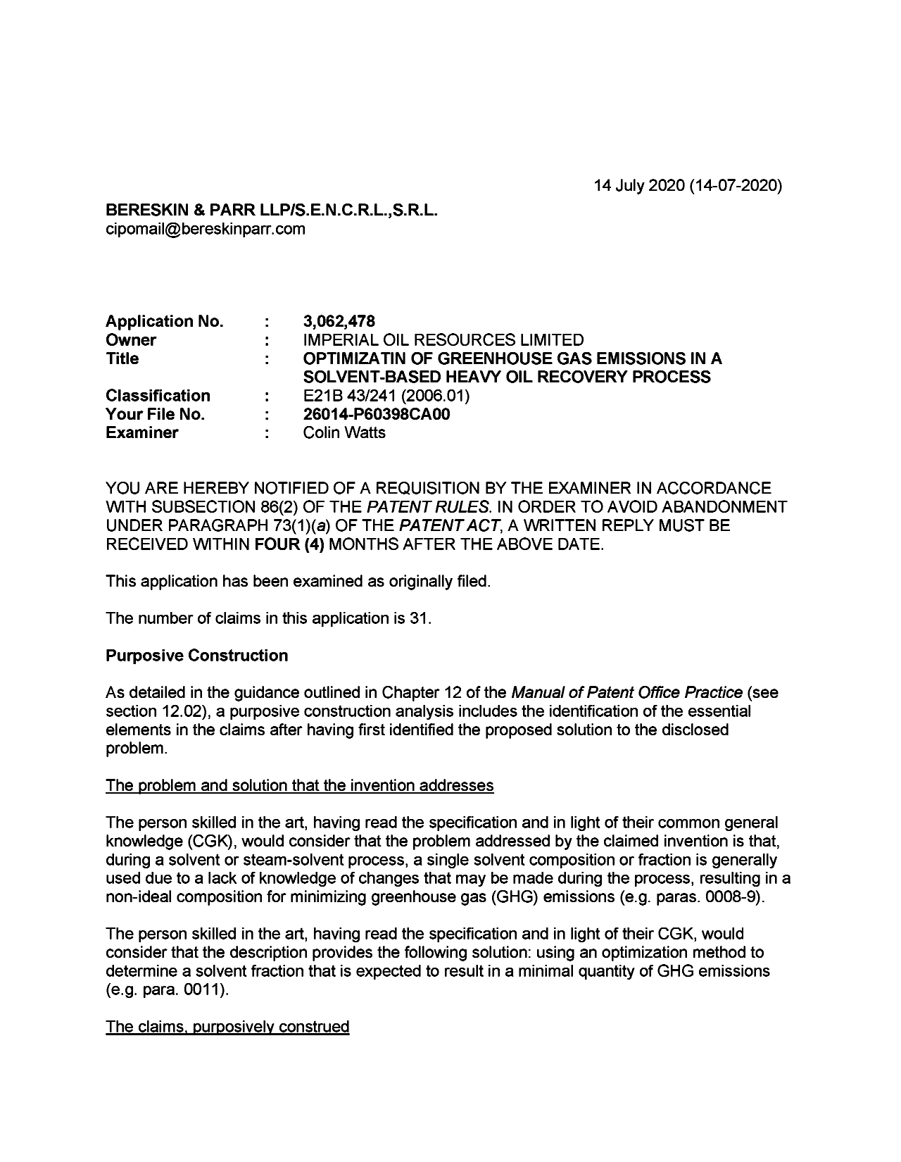 Canadian Patent Document 3062478. Examiner Requisition 20200714. Image 1 of 4