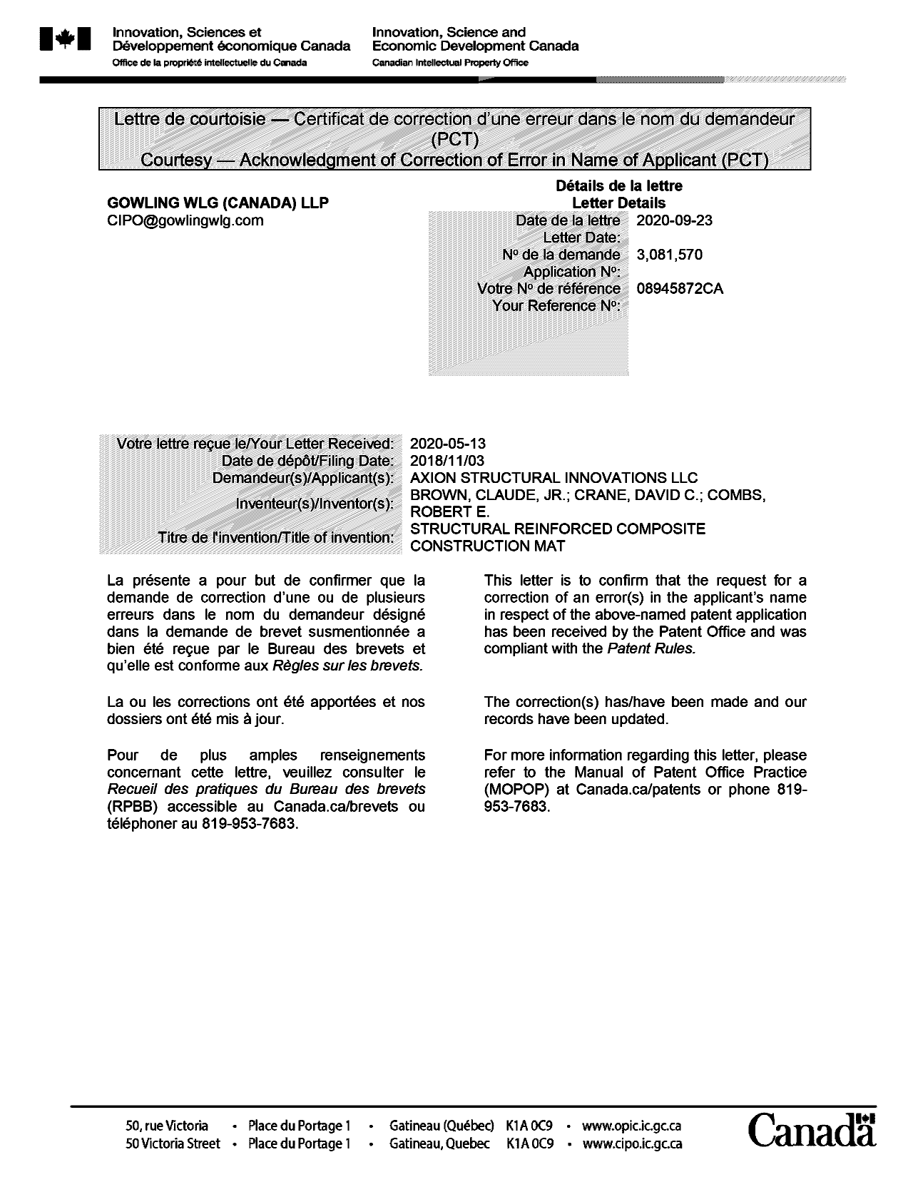 Canadian Patent Document 3081570. Office Letter 20200923. Image 1 of 1